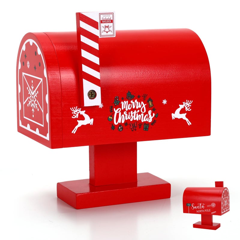 JULEASEL Wooden Christmas Mailbox with 12 Envelopes Cards Letters to Santa Holiday Decoration for Kids Family Red Wooden Santa Mail Box for Christmas Tabletop Display - Image 2