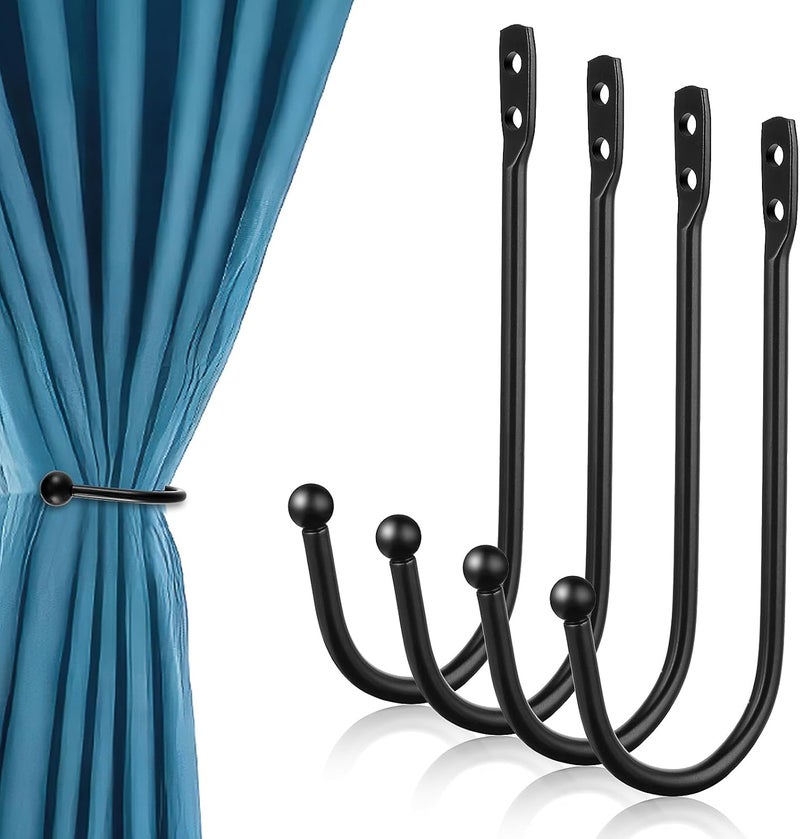 Bremorou 4 Pcs Curtain Holders for Wall, Decorative Curtain Drapery Holdbacks Curtain Holdback Hooks Wall Mounted Curtain Tie Holders U Shaped Curtain Pull Backs Black, Come with Screws - Image 1