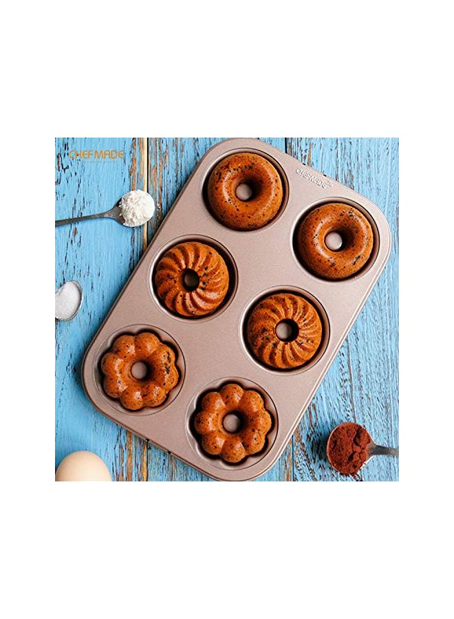 صينية كعكة قالب الدونات، 6 تجاويف غير قابلة للالتصاق، أدوات خبز الدونات للخبز في الفرن (ذهبي شامبانيا) - Image 4