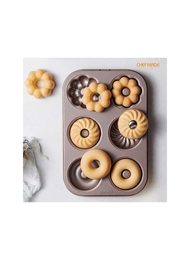 صينية كعكة قالب الدونات، 6 تجاويف غير قابلة للالتصاق، أدوات خبز الدونات للخبز في الفرن (ذهبي شامبانيا) - Image 2