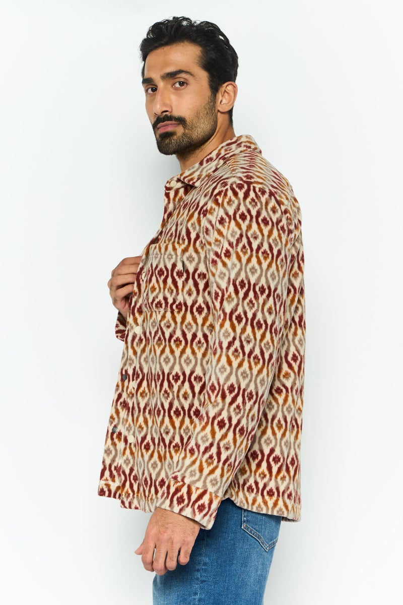 Hurley Men Spread Neck Long Sleeve Allover Print Jacket Shirt, Beige  - Image 4