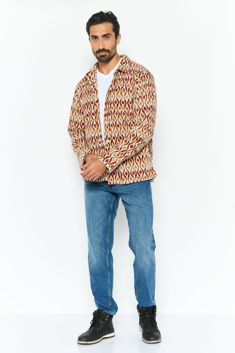 Hurley Men Spread Neck Long Sleeve Allover Print Jacket Shirt, Beige  - Image 2