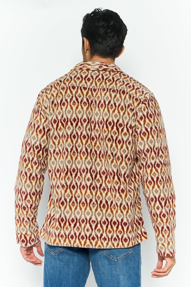 Hurley Men Spread Neck Long Sleeve Allover Print Jacket Shirt, Beige  - Image 3