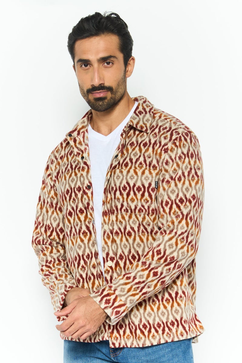 Hurley Men Spread Neck Long Sleeve Allover Print Jacket Shirt, Beige  - Image 1