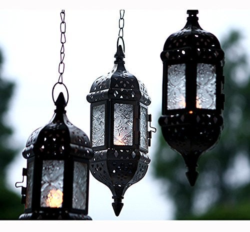 BWRMHME 2PCS Moroccan Decorative Candle Lantern Metal Hanging Tealight Candlestick Holder Glass Indoor Outdoor LED Flameless Candle Holder 13.8 inches Chain (Black) - Image 2