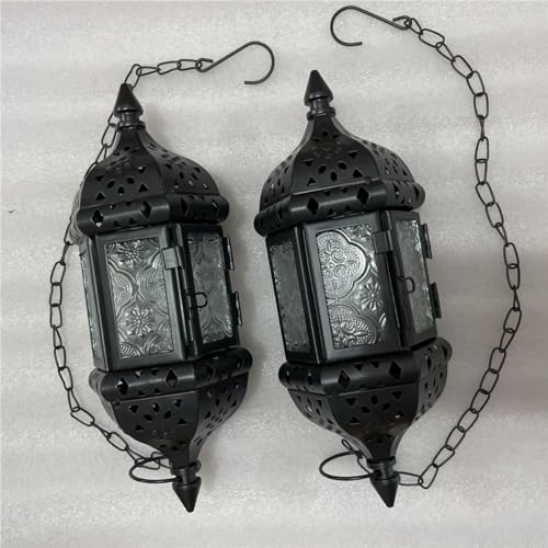 BWRMHME 2PCS Moroccan Decorative Candle Lantern Metal Hanging Tealight Candlestick Holder Glass Indoor Outdoor LED Flameless Candle Holder 13.8 inches Chain (Black) - Image 3