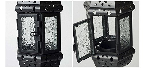 BWRMHME 2PCS Moroccan Decorative Candle Lantern Metal Hanging Tealight Candlestick Holder Glass Indoor Outdoor LED Flameless Candle Holder 13.8 inches Chain (Black) - Image 4