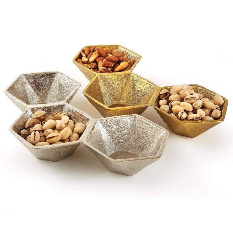Elegance Silver Aluminum Hexagon Set Triple Bowl  11"" x 6""  Gold - Image 2