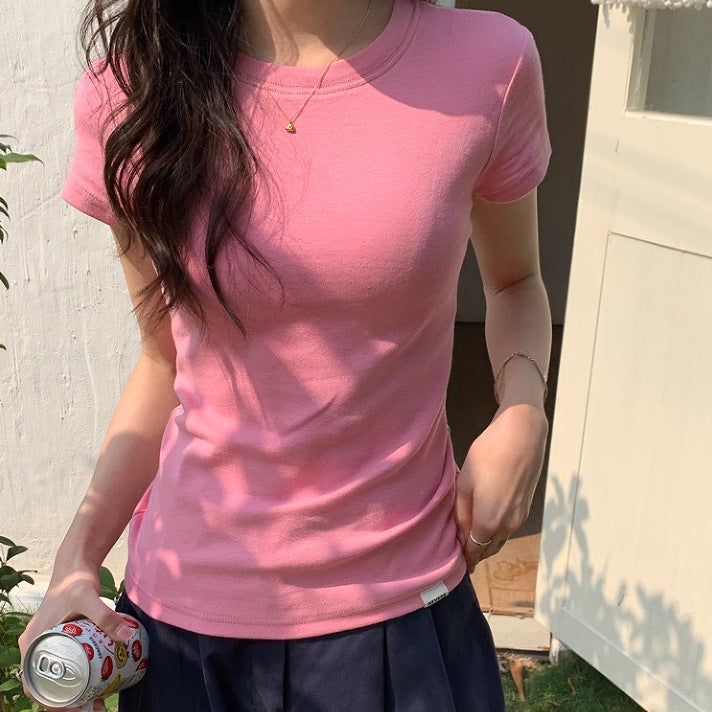 Bottoming Slim-fit Short-sleeved T-shirt Womens Korean-style New Foreign Trade Wholesale Ins Slim-fit Short Fashion Top Bottoming Shirt Pink 