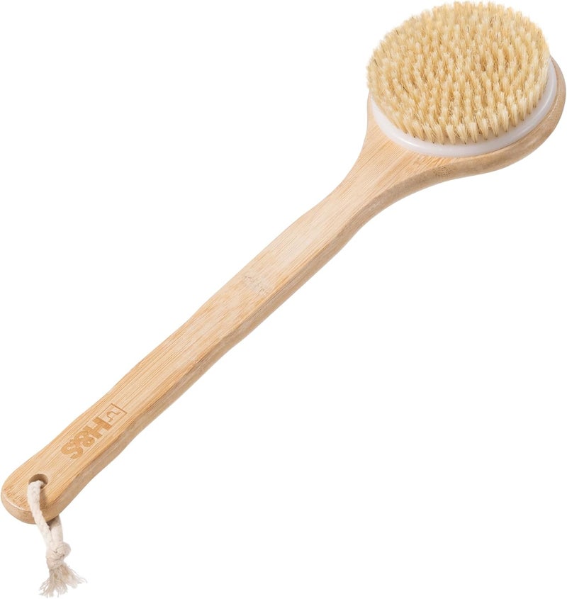 HS Bamboo Body Back Brush with Long Handle Natural Bristles Shower Scrubber Cellulite Exfoliating Brush for Dry Skin Back Scrubber