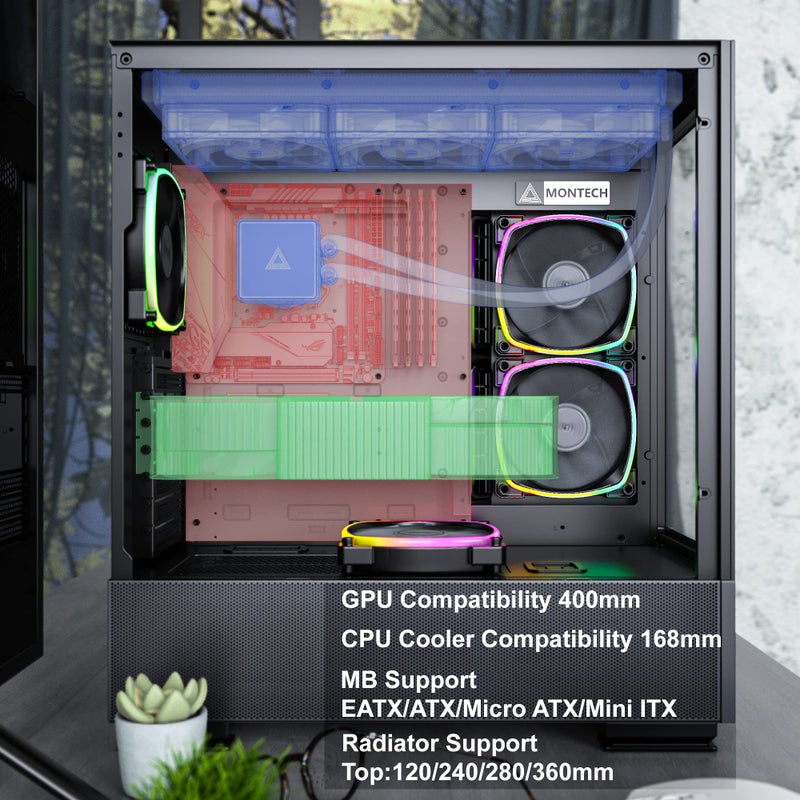 Montech Sky Two, Dual Tempered Glass, 4X PWM ARGB Fans Pre-Installed, ATX Gaming Mid Tower Computer Case, Type C, High Airflow Performance- Black - Image 2