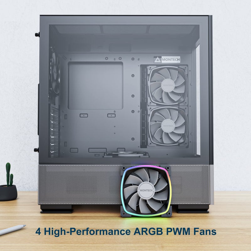 Montech Sky Two, Dual Tempered Glass, 4X PWM ARGB Fans Pre-Installed, ATX Gaming Mid Tower Computer Case, Type C, High Airflow Performance- Black - Image 4