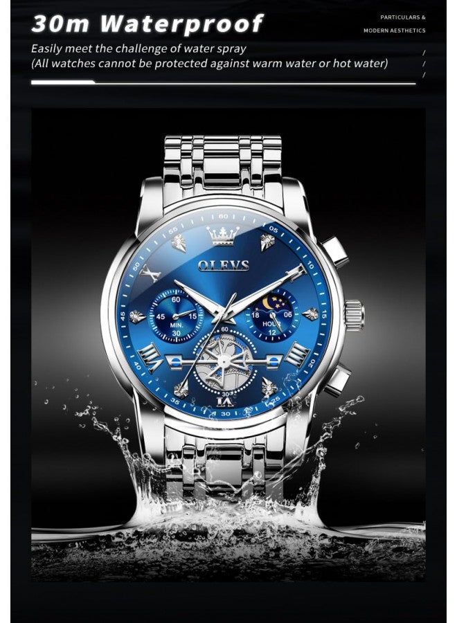 OLEVS ساعة OLEVS زرقاء للرجال مع الماس للأعمال والملابس الرسمية، تناظرية، كوارتز، مصنوعة من الفولاذ المقاوم للصدأ، مقاومة للماء، مضيئة، مع تاريخ ومرحلة القمر، ساعة فاخرة وعصرية للمعصم باللون الفضي - Image 3