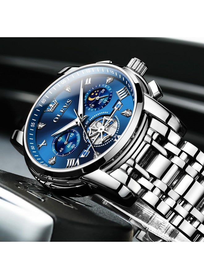 OLEVS ساعة OLEVS زرقاء للرجال مع الماس للأعمال والملابس الرسمية، تناظرية، كوارتز، مصنوعة من الفولاذ المقاوم للصدأ، مقاومة للماء، مضيئة، مع تاريخ ومرحلة القمر، ساعة فاخرة وعصرية للمعصم باللون الفضي - Image 4