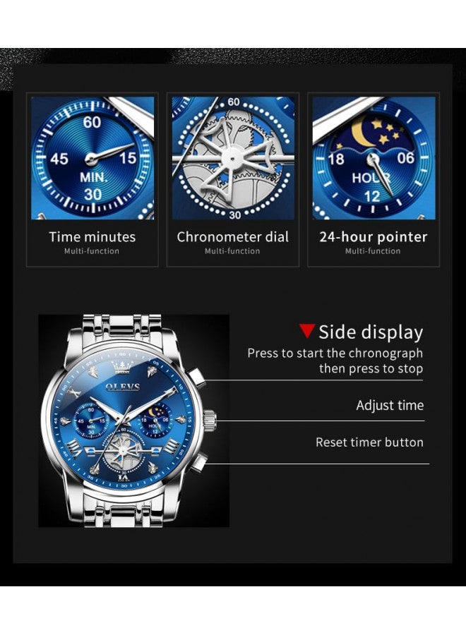 OLEVS ساعة OLEVS زرقاء للرجال مع الماس للأعمال والملابس الرسمية، تناظرية، كوارتز، مصنوعة من الفولاذ المقاوم للصدأ، مقاومة للماء، مضيئة، مع تاريخ ومرحلة القمر، ساعة فاخرة وعصرية للمعصم باللون الفضي - Image 1