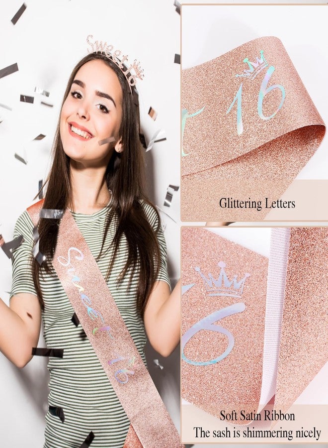 Atoden Sweet 16 Birthday Sash Headband Rose Gold Princess Tiara Crown 16th Birthday Decorations for Girls Sweet Sixteen Gifts for Teen Girls Sweet 16 Happy Birthday Accessories Party - Image 5
