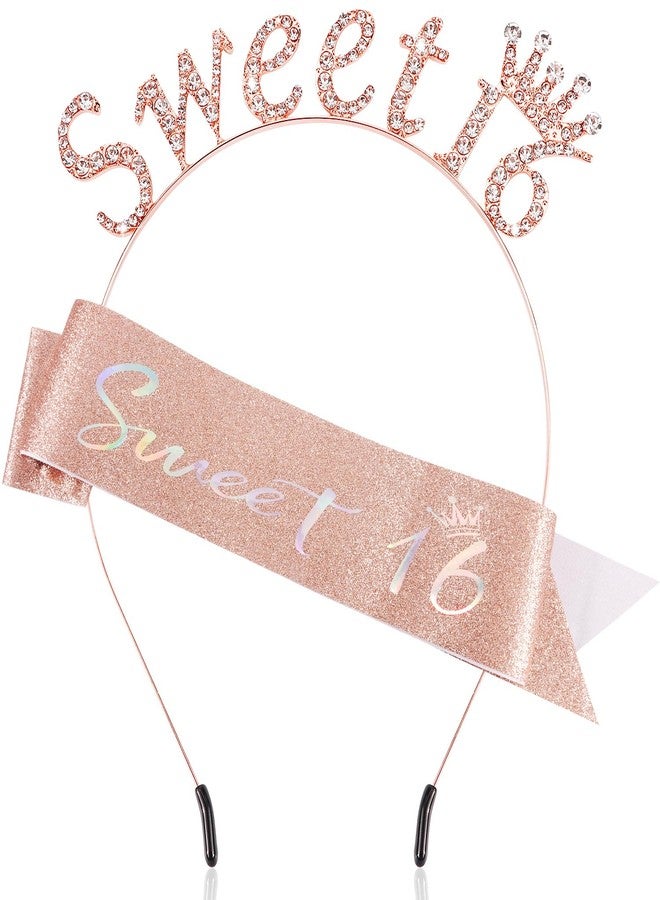 Atoden Sweet 16 Birthday Sash Headband Rose Gold Princess Tiara Crown 16th Birthday Decorations for Girls Sweet Sixteen Gifts for Teen Girls Sweet 16 Happy Birthday Accessories Party - Image 1