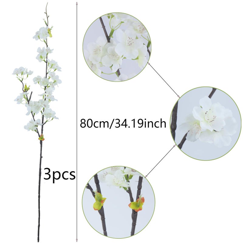 CITYES 3 Pcs Artificial Cherry Blossom Branches Flowers White Silk Peach Flowers Bulk Faux Spring Branches Arrangement Fake Cherry Stems for Indoor Outdoor Party DIY Wedding Table Vase Decor - Image 2