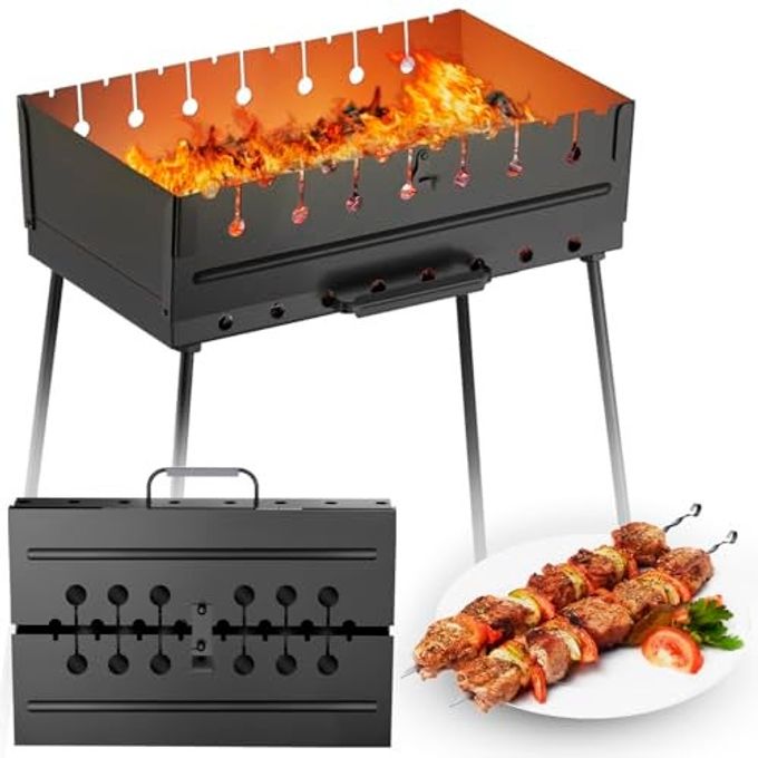 MHH Charcoal Grill for 8 Skewers - Portable Barbecue 16.9""11.8""16.9"" Kabob Camp Grills - Foldable Metal Mangal - Kebab Shish - BBQ for EDC Picnic Outdoor Cooking Camping Hiking