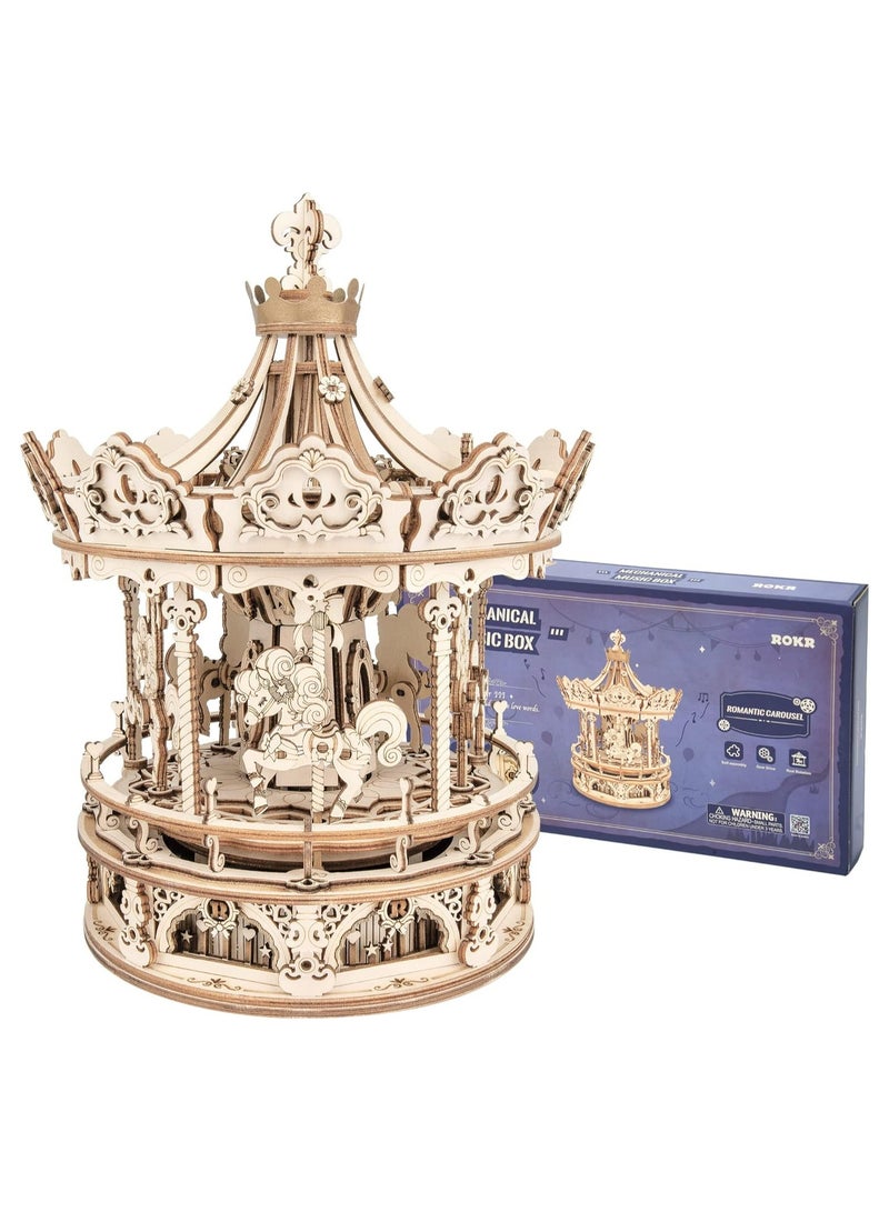 Robotime ROKR Romantic Carousel Mechanical Music Box 3D Wooden Puzzle AMK62 Premium Building Kits for Adults & Teens - Decorative Home Décor, Ramadan & Holiday Gift (Eid and Birthday) for Puzzle Enthusiasts, Stress Relief STEM Project - Image 1