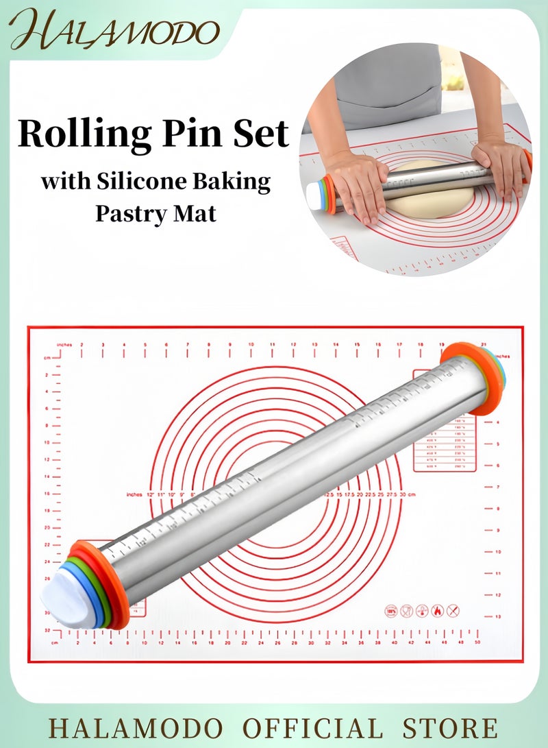 HALAMODO Rolling Pin and Silicone Baking Pastry Mat Set Stainless Steel Dough Roller with Adjustable Thickness Rings for Baking Dough & Pizza & Pie & Pastries & Pasta & Cookie - Image 1