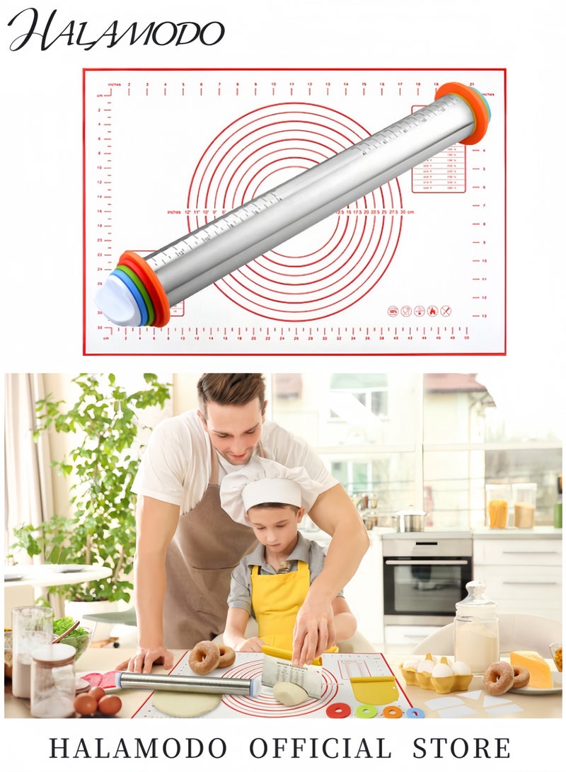 HALAMODO Rolling Pin and Silicone Baking Pastry Mat Set Stainless Steel Dough Roller with Adjustable Thickness Rings for Baking Dough & Pizza & Pie & Pastries & Pasta & Cookie - Image 2
