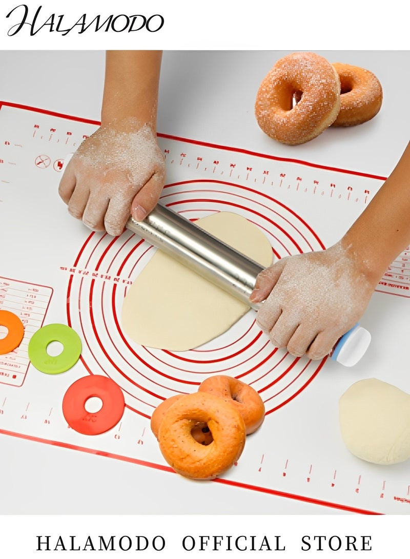 HALAMODO Rolling Pin and Silicone Baking Pastry Mat Set Stainless Steel Dough Roller with Adjustable Thickness Rings for Baking Dough & Pizza & Pie & Pastries & Pasta & Cookie - Image 3