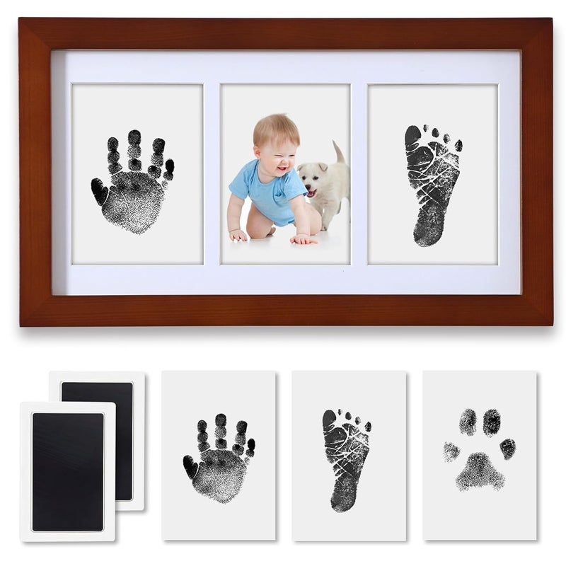 PewinGo Hand and Footprint Kit,Inkless Handprint Kit with 2 Safe Clean-Touch Ink Pads and a Wooden Picture Frame, Gifts for New Parents, Shower-Walnut - Image 1