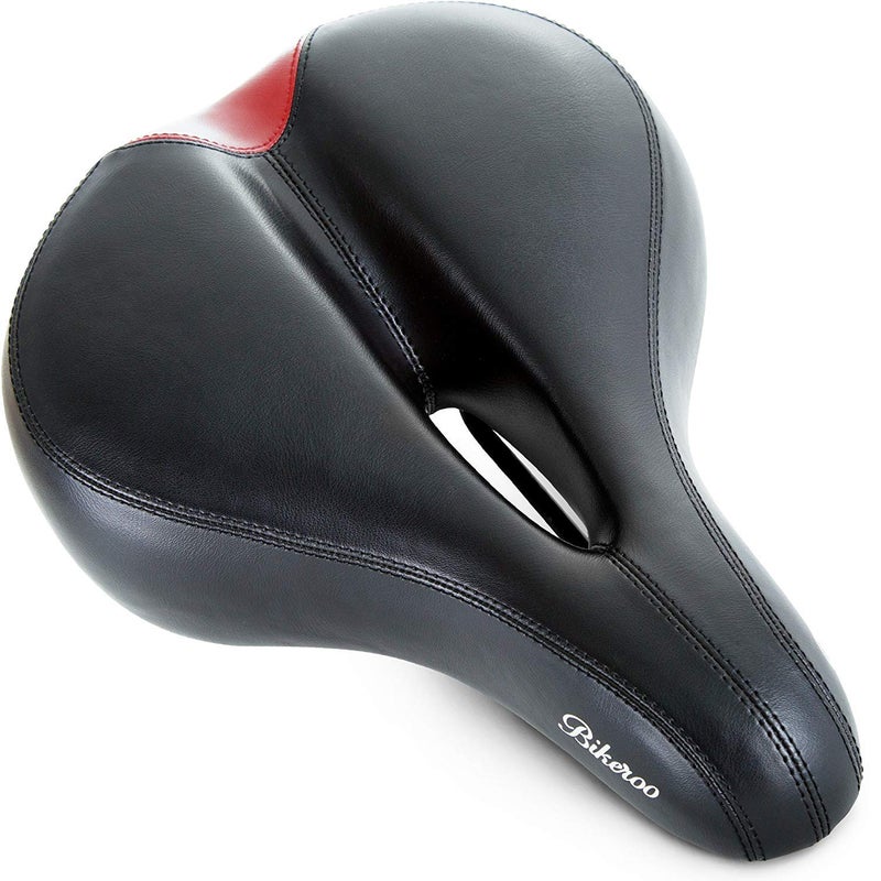 Bikeroo Comfort Saddle for Women Men Universal Fit Indoor Outdoor Bicycles Center Cutaway for Weight Distribution Prostate Pressure Relief Memory Foam Red