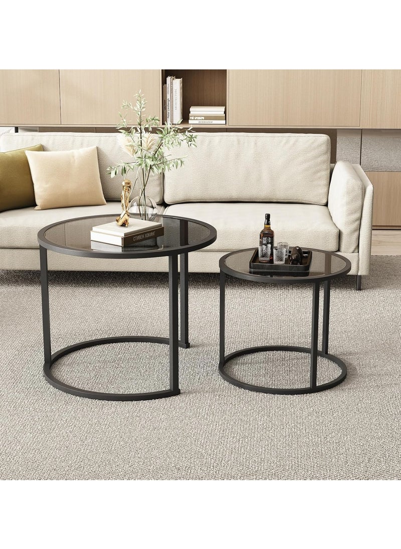 LINGWEI - Black Nesting Coffee Table Set of 2 Modern Tempered Glass Side Table Metal Frame End Table Black Glass Table For Living Room Office Home Decor - Image 1