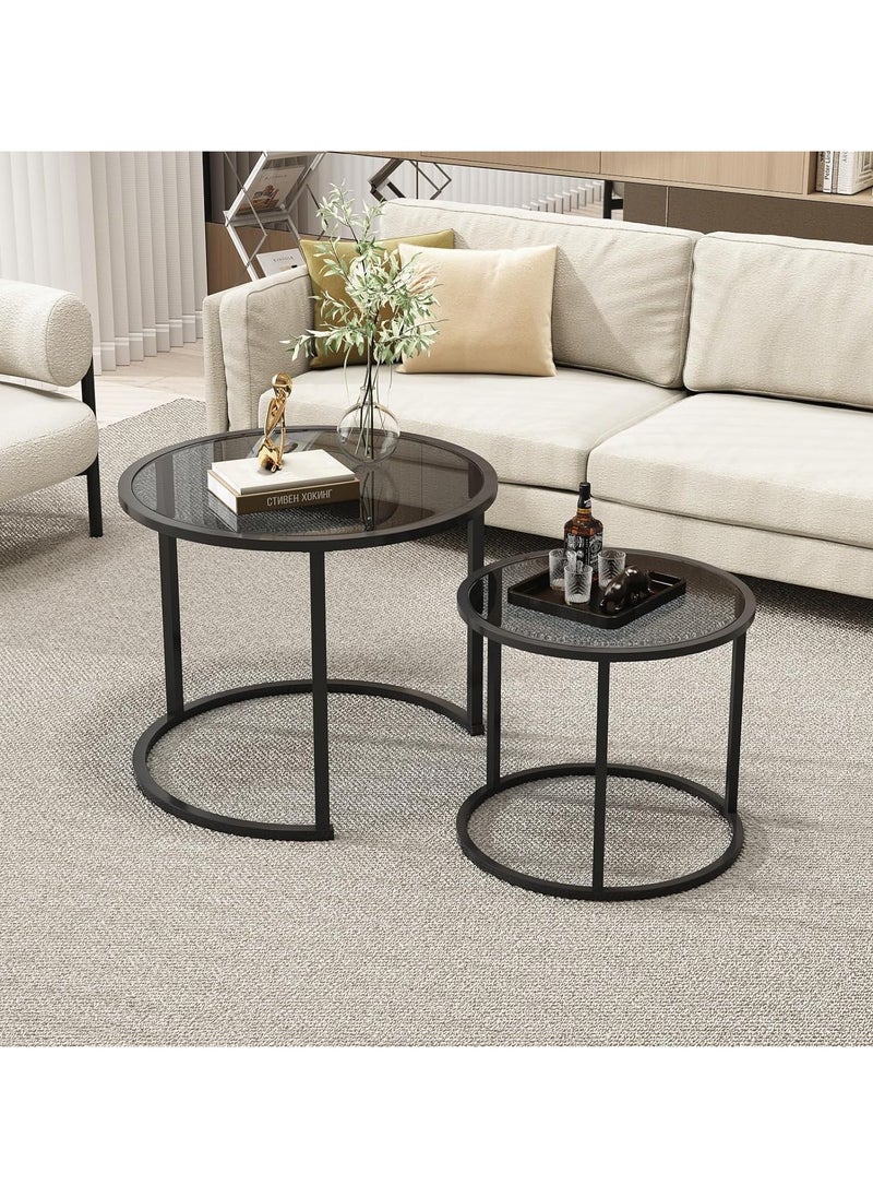 LINGWEI - Black Nesting Coffee Table Set of 2 Modern Tempered Glass Side Table Metal Frame End Table Black Glass Table For Living Room Office Home Decor - Image 1