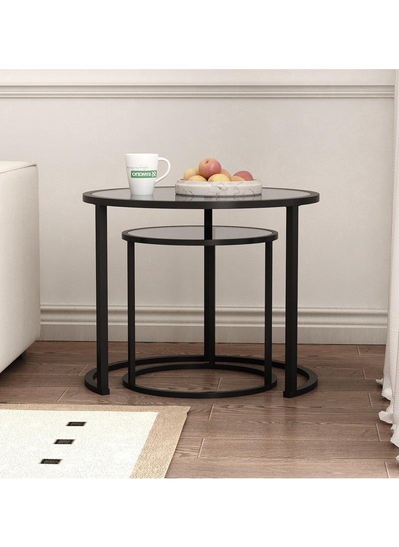 LINGWEI - Black Nesting Coffee Table Set of 2 Modern Tempered Glass Side Table Metal Frame End Table Black Glass Table For Living Room Office Home Decor - Image 1