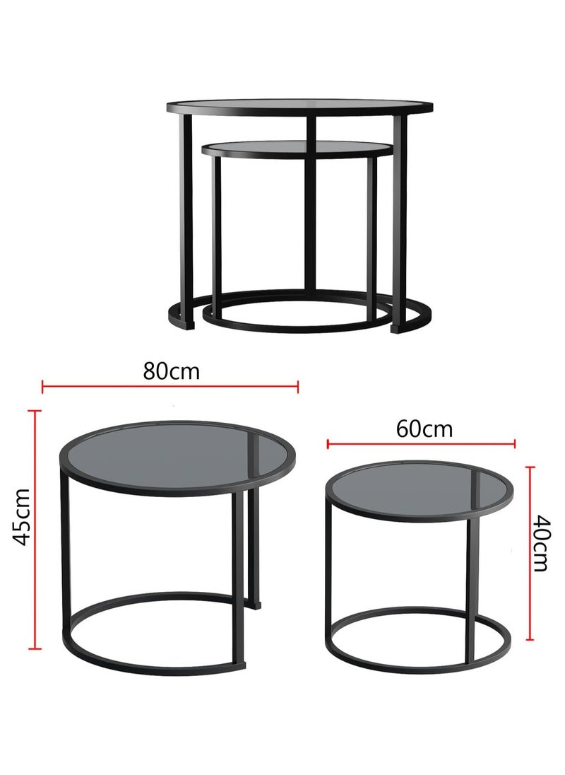 LINGWEI - Black Nesting Coffee Table Set of 2 Modern Tempered Glass Side Table Metal Frame End Table Black Glass Table For Living Room Office Home Decor - Image 1