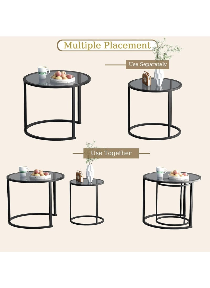 LINGWEI - Black Nesting Coffee Table Set of 2 Modern Tempered Glass Side Table Metal Frame End Table Black Glass Table For Living Room Office Home Decor - Image 1
