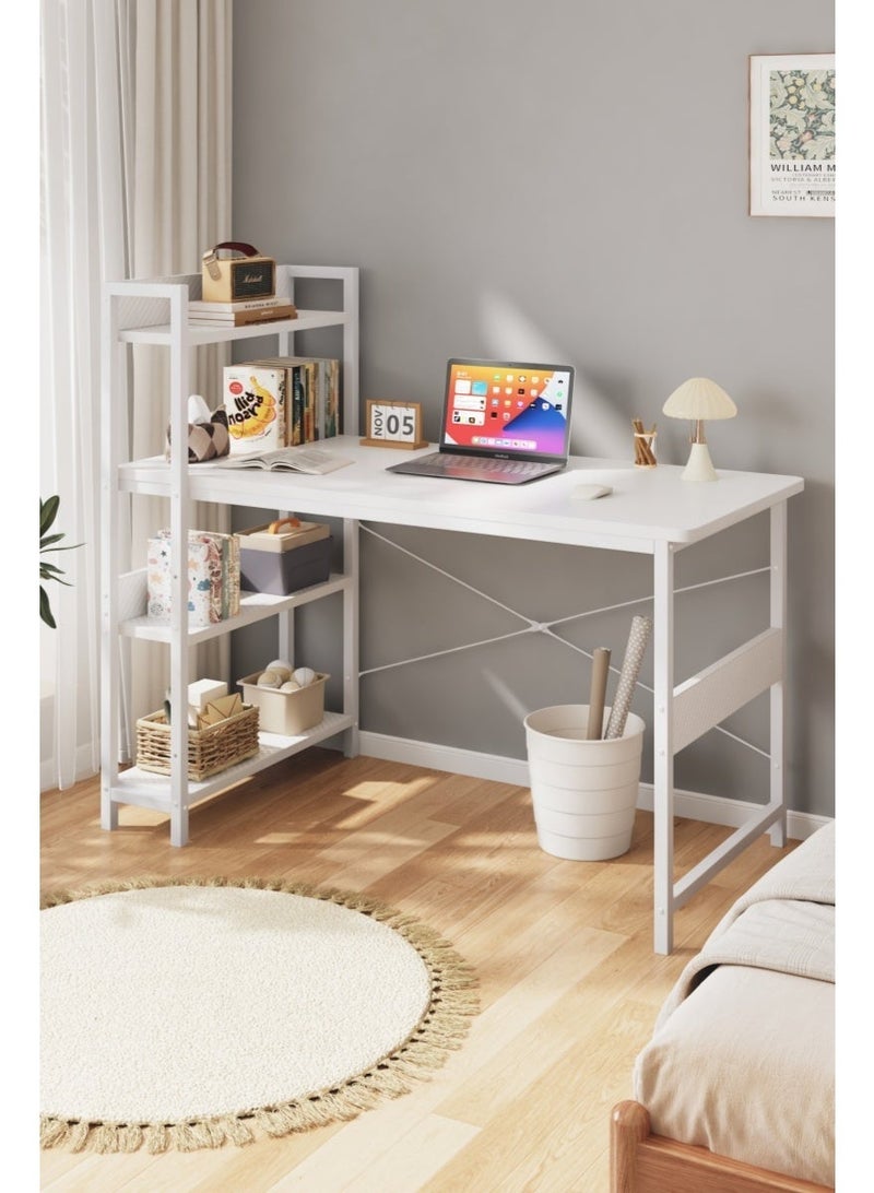 Visionnaire Study Desk With 4-Tier Bookshelf, Gaming Table With Carbon Fiber Desktop & X-Brace Support, Sturdy Office Desk With Large Workstaion For Home & Office - Image 4