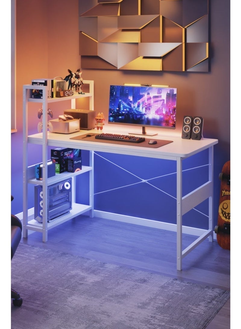 Visionnaire Study Desk With 4-Tier Bookshelf, Gaming Table With Carbon Fiber Desktop & X-Brace Support, Sturdy Office Desk With Large Workstaion For Home & Office - Image 3