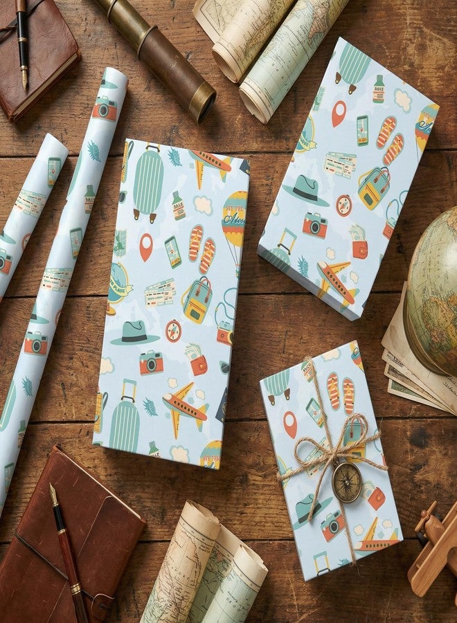 Pineraap Travel Wrapping Paper Roll, Blue World Map Airplanes Gift Wrap, Hot Air Balloon Luggage Camera Design Gift Packing Paper for Birthday Baby Shower Party Decor Boys Girls, 17Inch x 16.5Feet - Image 5