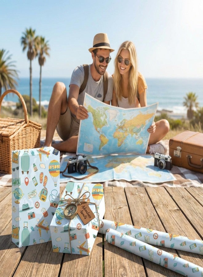 Pineraap Travel Wrapping Paper Roll, Blue World Map Airplanes Gift Wrap, Hot Air Balloon Luggage Camera Design Gift Packing Paper for Birthday Baby Shower Party Decor Boys Girls, 17Inch x 16.5Feet - Image 3