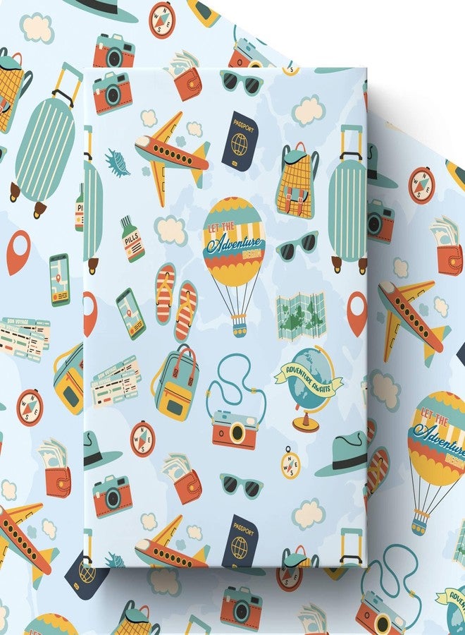 Pineraap Travel Wrapping Paper Roll, Blue World Map Airplanes Gift Wrap, Hot Air Balloon Luggage Camera Design Gift Packing Paper for Birthday Baby Shower Party Decor Boys Girls, 17Inch x 16.5Feet - Image 1