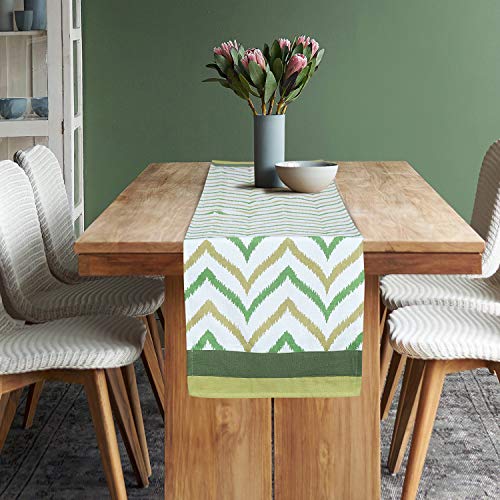 Dekor World Chevron Printed Green Cotton Table Runner (33x120cm) (Pack of 1 Piece)-4 Seater Dinning & Center Table - Image 1