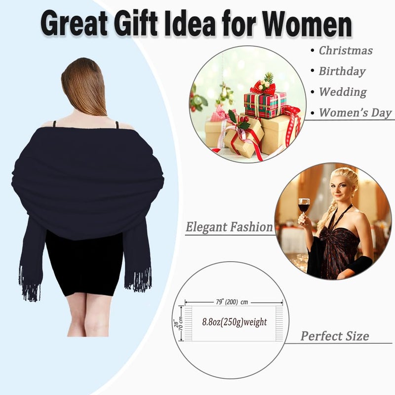 TwoYek وشاح نسائي بوشمينا وشالات ولفائف لفستان المساء زفاف وصيفات العروس العروس شتاء دافئ كبير ناعم حريري أزرق داكن - Image 4