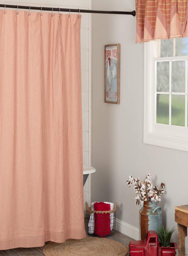 VHC Brands Sawyer Mill Red Decorative Farmhouse Ticking Stripe Shower Curtain with Buttonholes 72x72 - Image 1