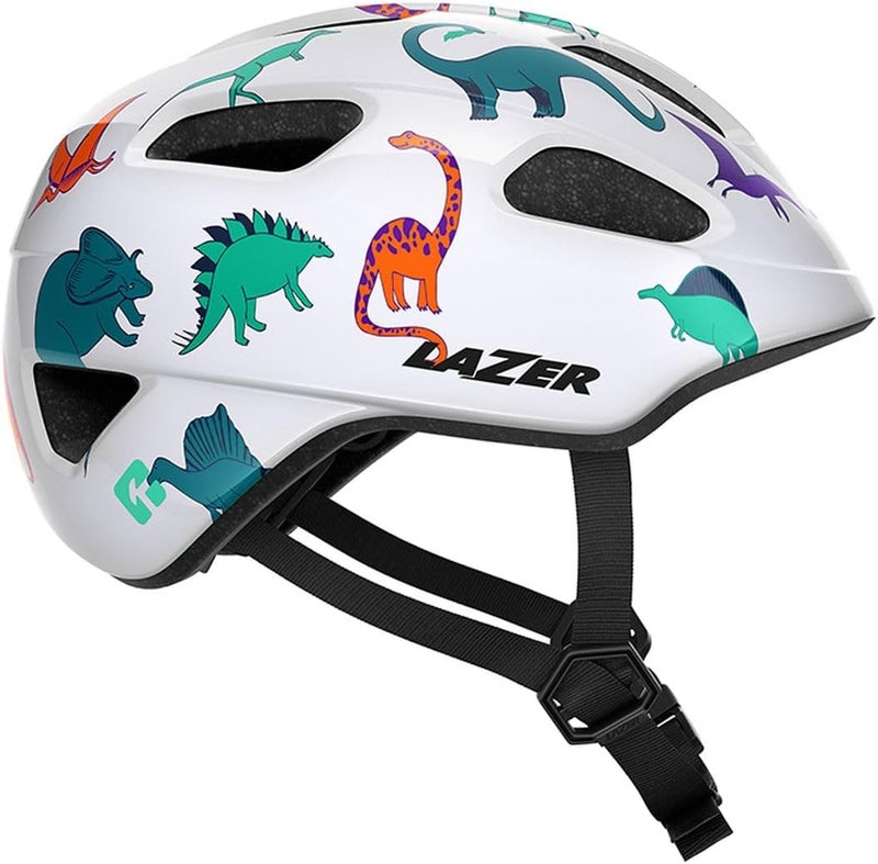 Lazer PNut KinetiCore Kids Bike Helmet with Dinosaur Design, White - Image 1