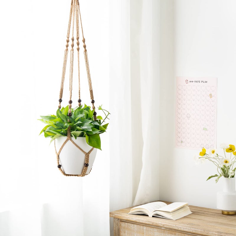 Mkono 43 Inch Macrame Plant Hanger Large for up to 12 Inch Pot Extra Long Hanging Plant Holder No Tassels Hanging Planter Basket with Wood Beads for Indoor Outdoor Home Decor, Brown - Image 3
