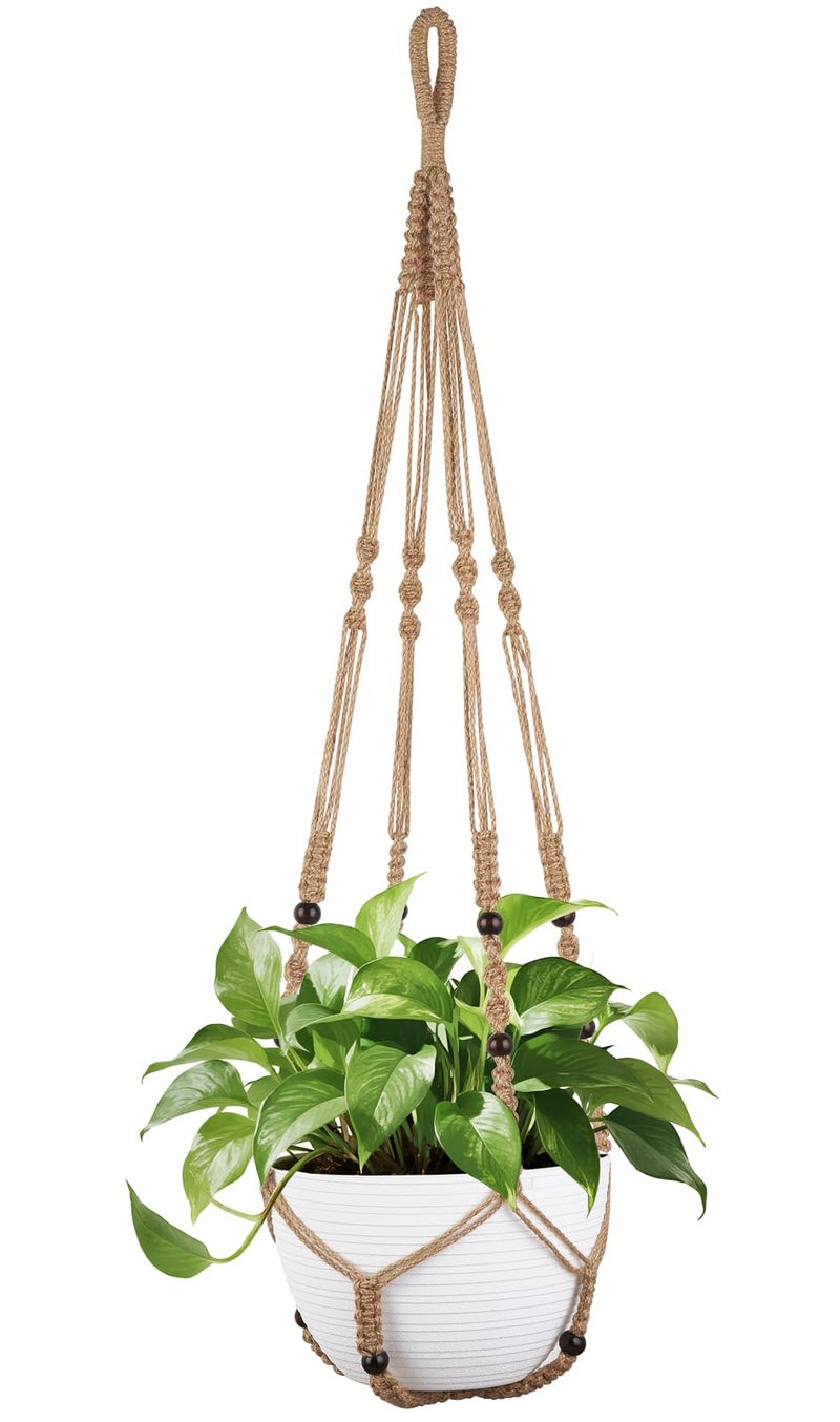 Mkono 43 Inch Macrame Plant Hanger Large for up to 12 Inch Pot Extra Long Hanging Plant Holder No Tassels Hanging Planter Basket with Wood Beads for Indoor Outdoor Home Decor, Brown - Image 1