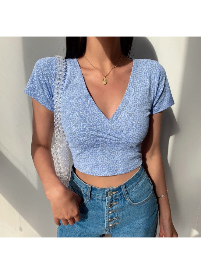 New Arrival Floral Short Navel Elegant Top Women's Summer Slim-fit Slimming V-neck Short-sleeved Korean Style Trendy T-shirt For Women