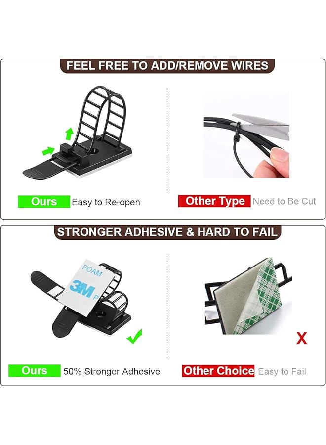 erorex Adhesive Cable Management Clips Adjustable Nylon Cable Strap Ties Wire Clamps Organizer With Strong Adhesive Tape Extra Screw And Hole For Strong Fixation Home Office 3.55 Inch Black 50 Pcs - Image 4