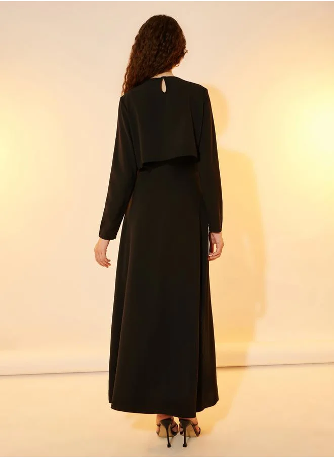 Take Two 2in1 Look Solid Round Neck A-Line Maxi Dress
