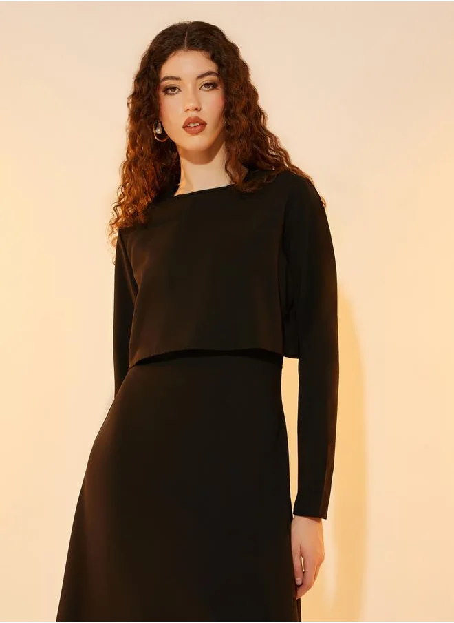 Take Two 2in1 Look Solid Round Neck A-Line Maxi Dress