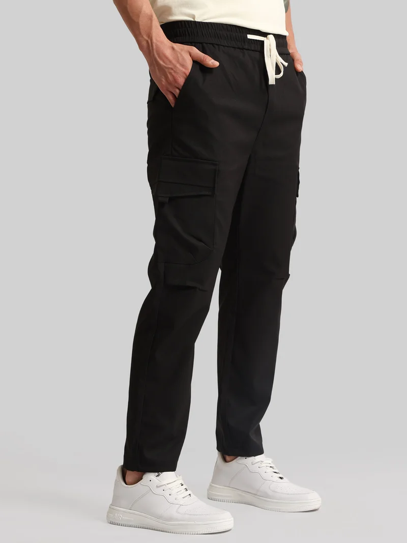 Maniac  Maniac Mens Emboassed Pocket Black Cotton Blend Baggy Cargo Pant for Men | Best Price UAE